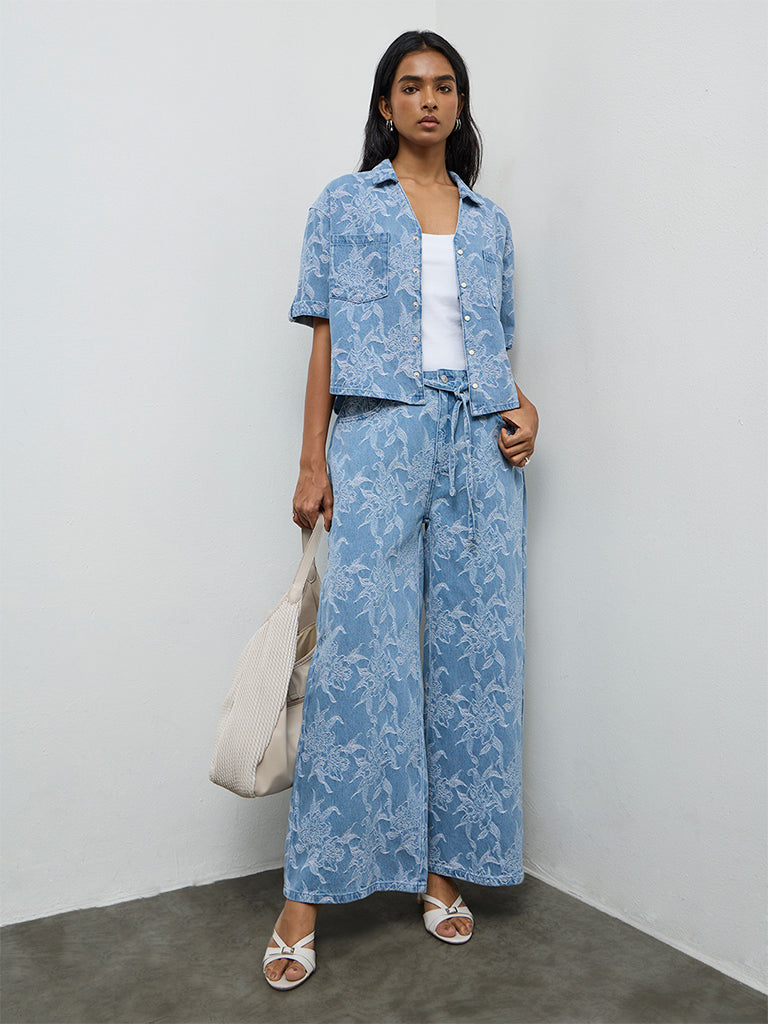 LOV Blue Floral Embroidered Denim Shirt