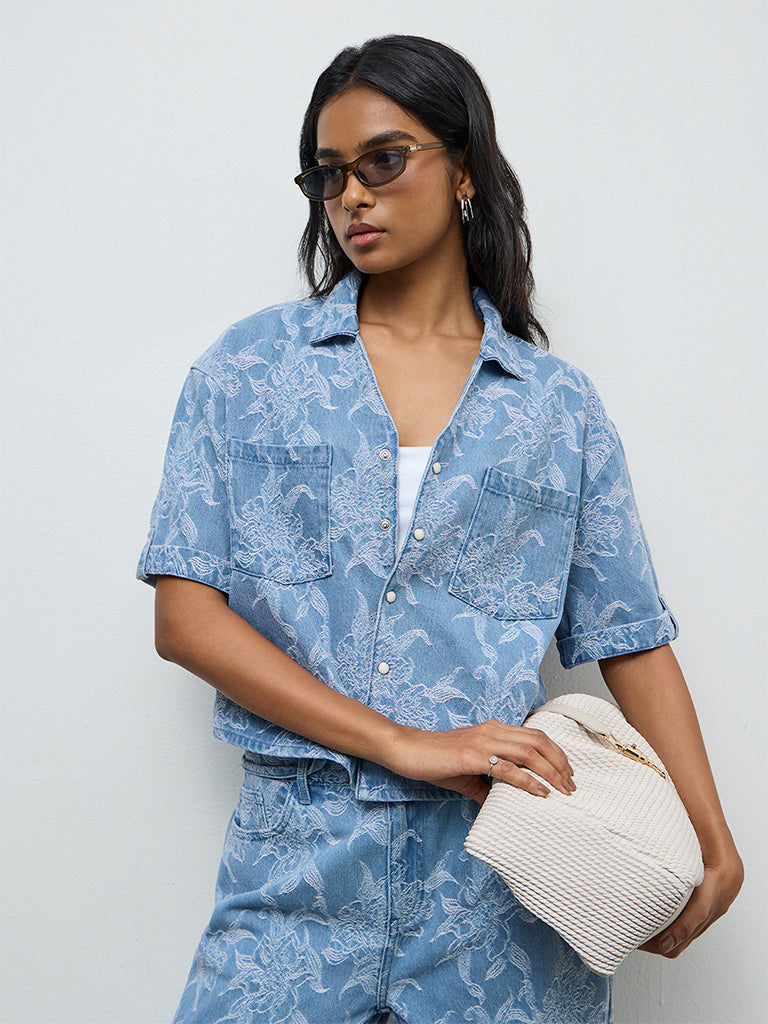 LOV Blue Floral Embroidered Denim Shirt