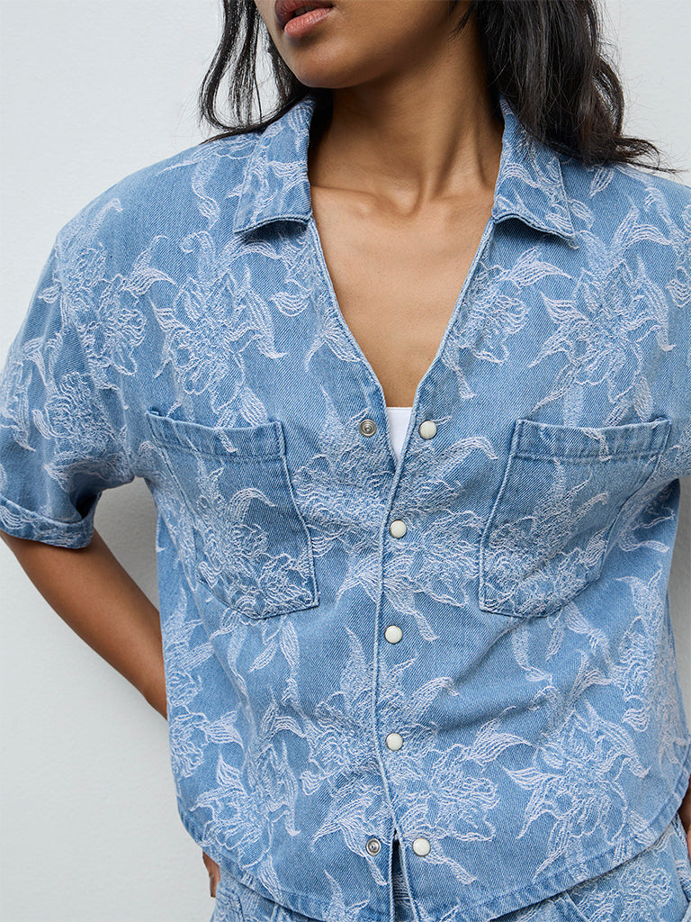LOV Blue Floral Embroidered Denim Shirt