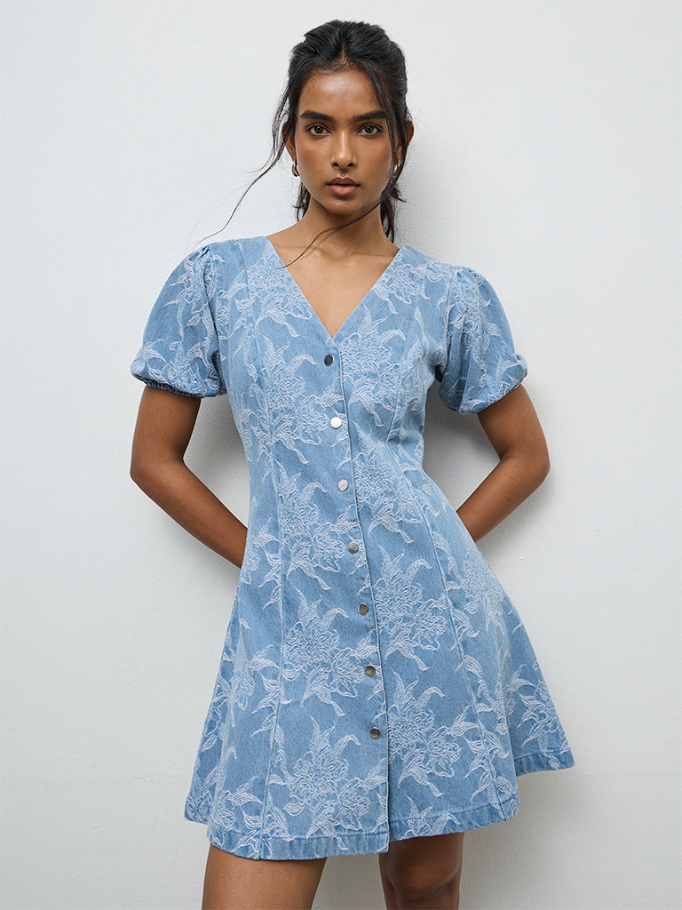 LOV Blue Floral Embroidered A-Line Denim Dress