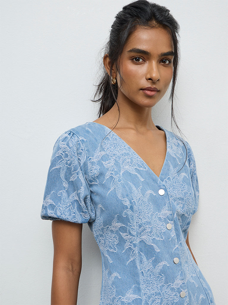LOV Blue Floral Embroidered A-Line Denim Dress