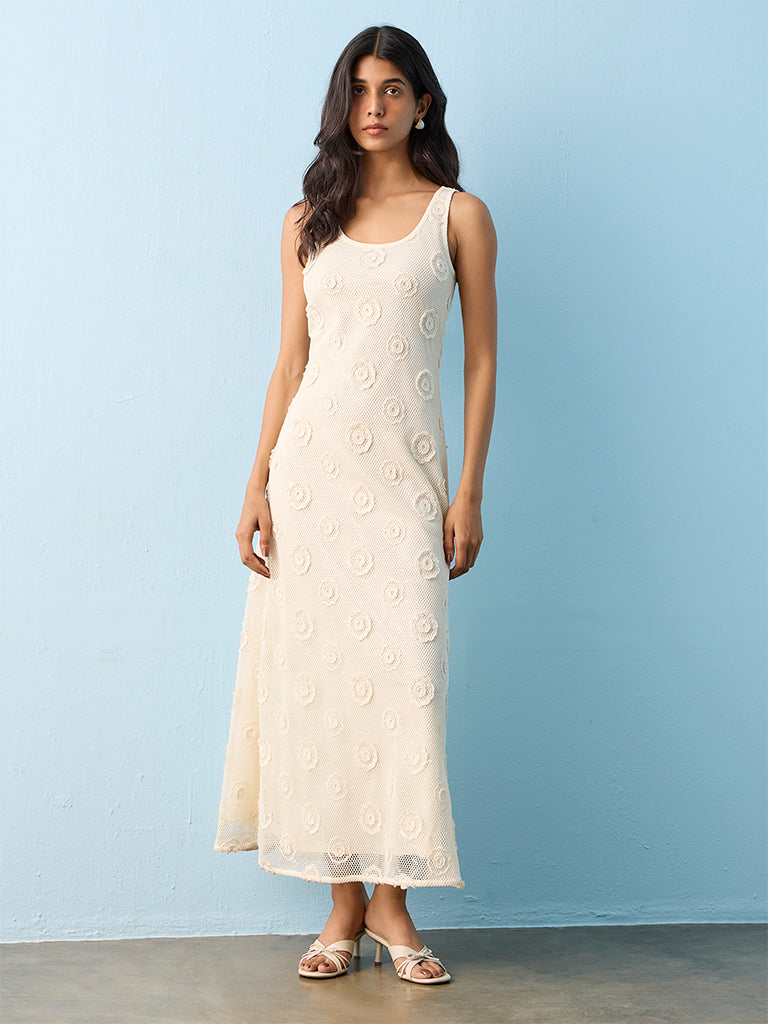 LOV Cream Floral Applique A-Line Dress