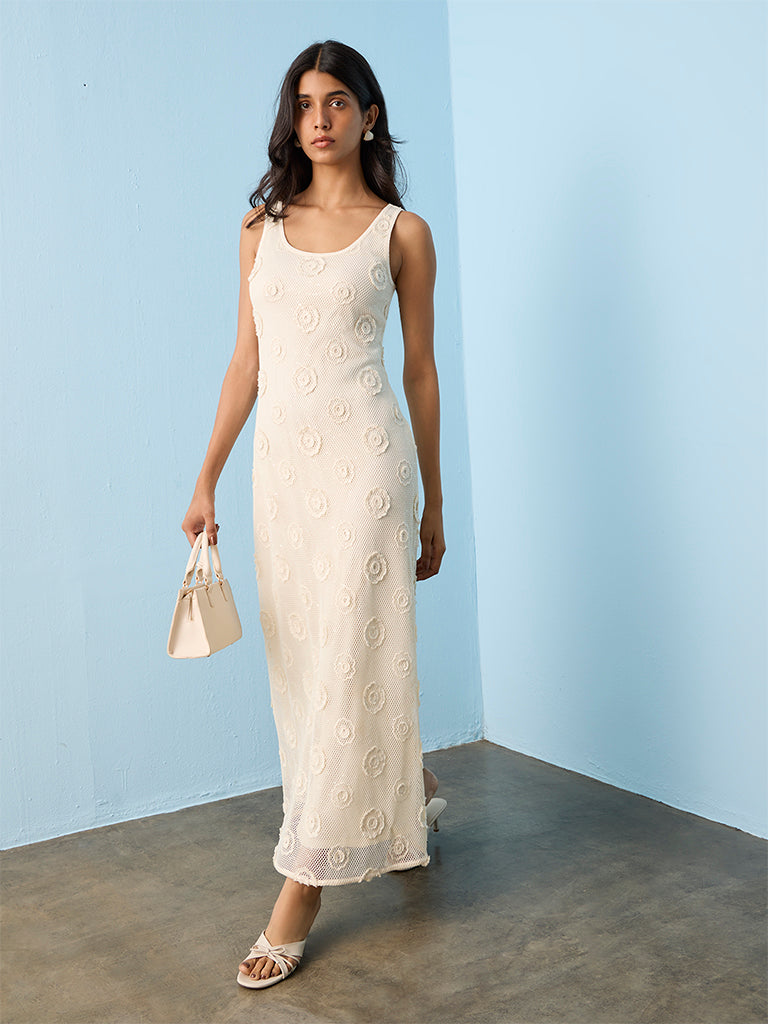 LOV Cream Floral Applique A-Line Dress