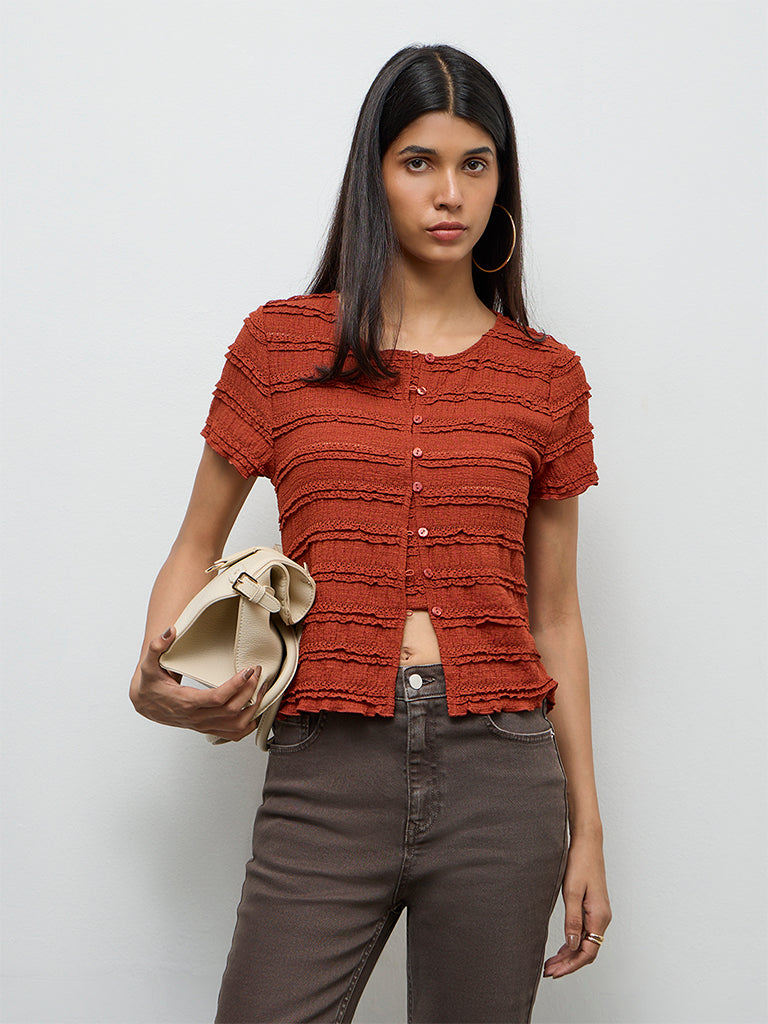 LOV Rust Embroidered Top
