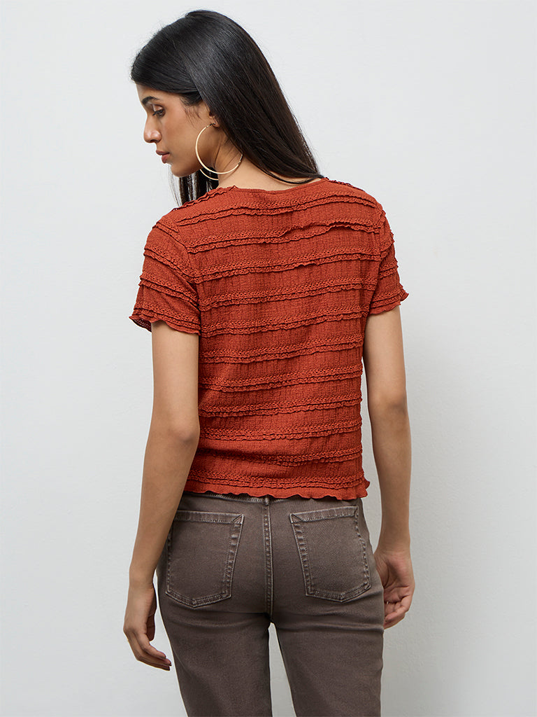 LOV Rust Embroidered Top