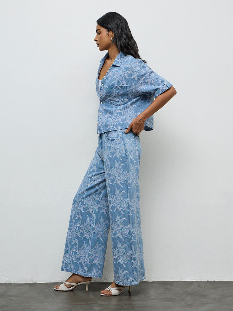 LOV Blue Floral Embroidered High-Rise Jeans with Belt