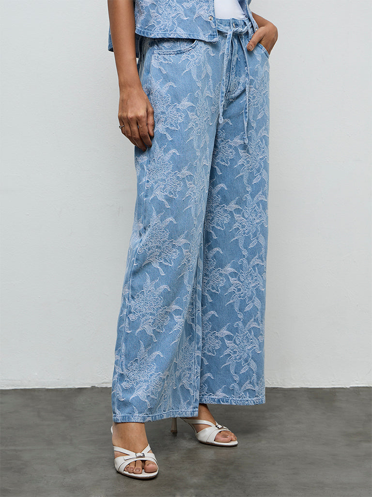 LOV Blue Floral Embroidered High-Rise Jeans with Belt