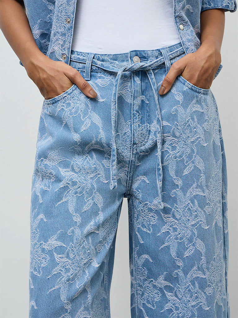 LOV Blue Floral Embroidered High-Rise Jeans with Belt