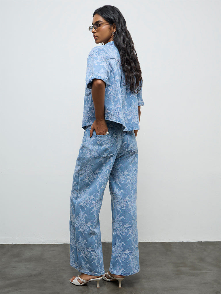 LOV Blue Floral Embroidered High-Rise Jeans with Belt