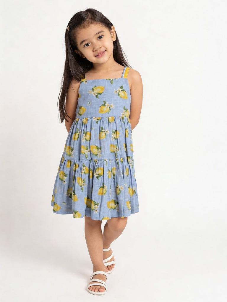 Utsa Kids Girls Blue Tiered Flared Cotton Dress - (2-8 yrs)
