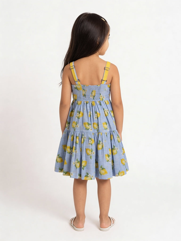 Utsa Kids Girls Blue Tiered Flared Cotton Dress - (2-8 yrs)