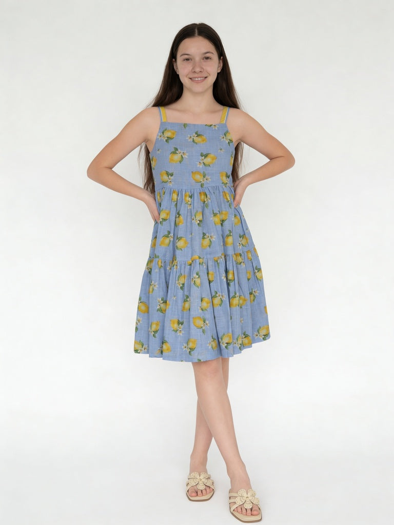 Utsa Kids Girls Blue Printed Tiered Flared Cotton Dress - (8-14 yrs)