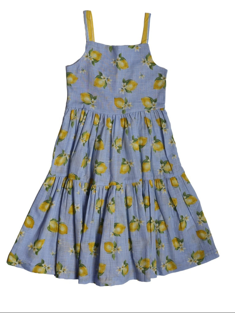 Utsa Kids Girls Blue Printed Tiered Flared Cotton Dress - (8-14 yrs)