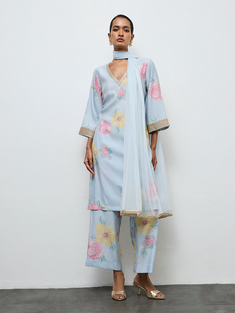 Vark Light Blue Floral Printed A-Line Ethnic Set