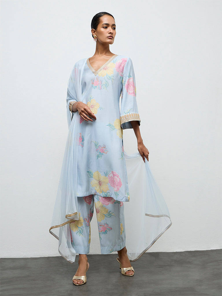 Vark Light Blue Floral Printed A-Line Ethnic Set