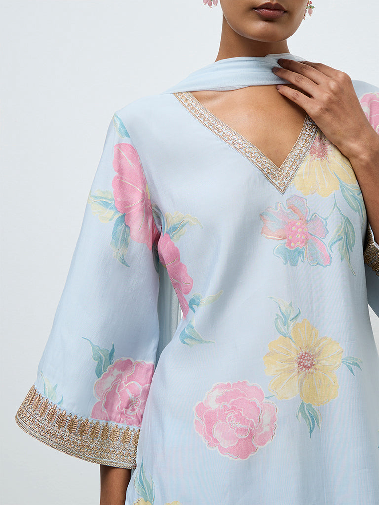 Vark Light Blue Floral Printed A-Line Ethnic Set