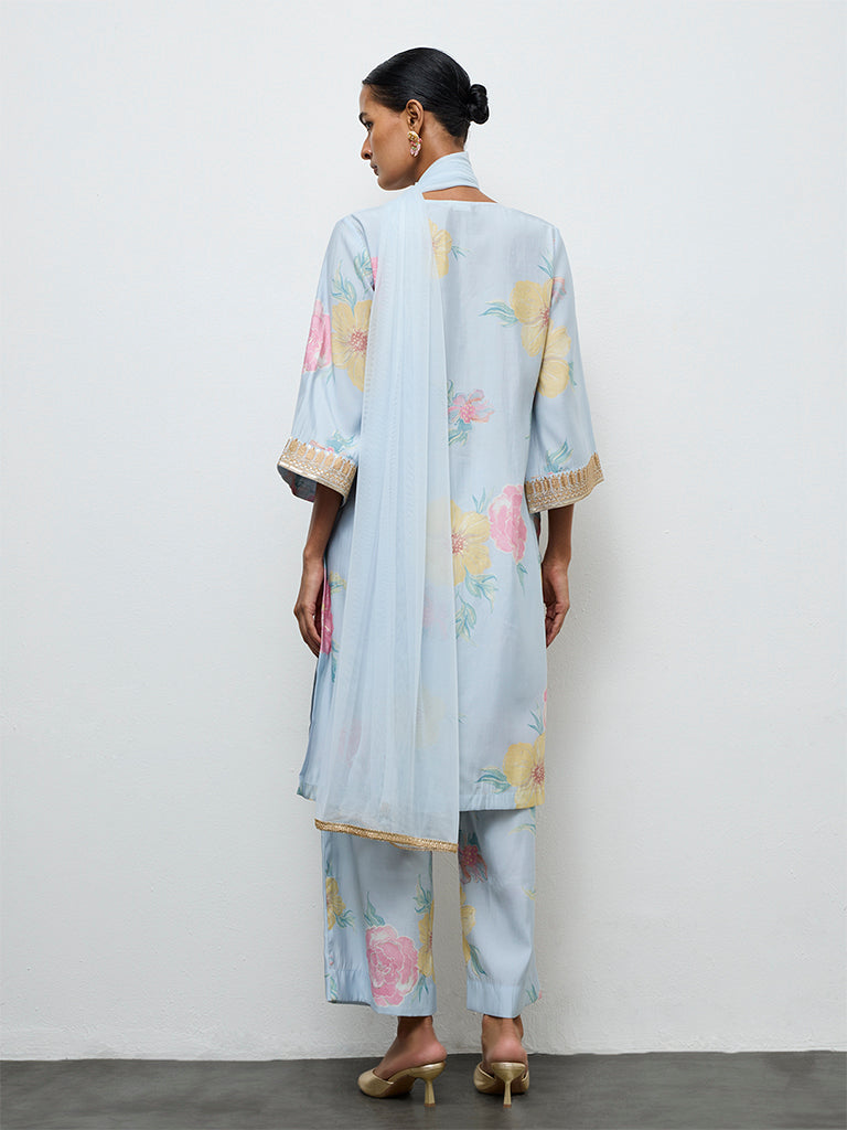 Vark Light Blue Floral Printed A-Line Ethnic Set