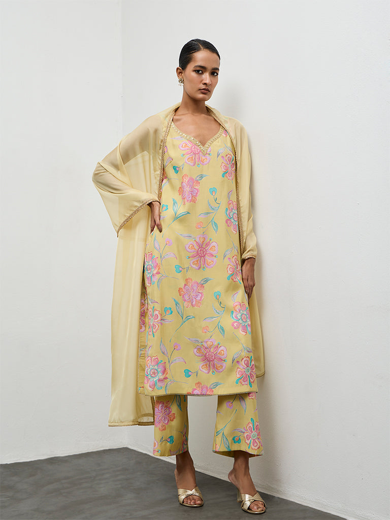 Vark Yellow Floral Printed A-Line Ethnic Set