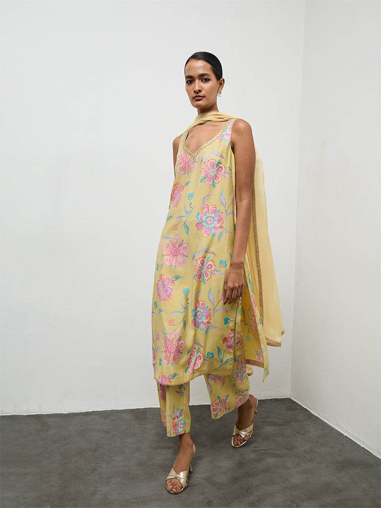Vark Yellow Floral Printed A-Line Ethnic Set