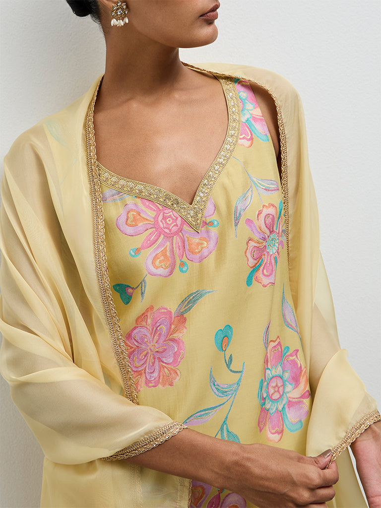 Vark Yellow Floral Printed A-Line Ethnic Set
