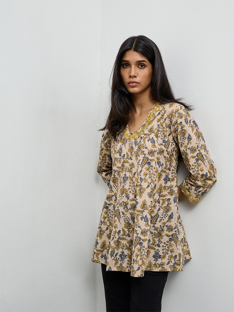 Utsa Beige Floral Printed Cotton Tunic