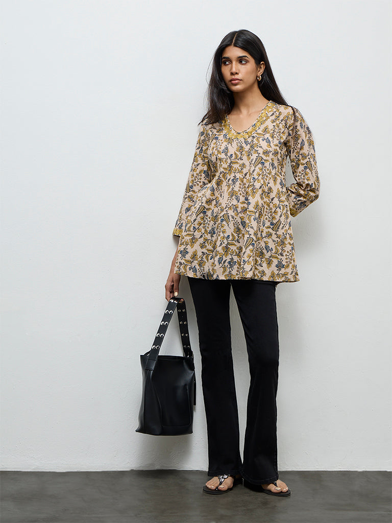 Utsa Beige Floral Printed Cotton Tunic