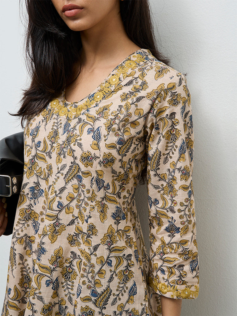 Utsa Beige Floral Printed Cotton Tunic