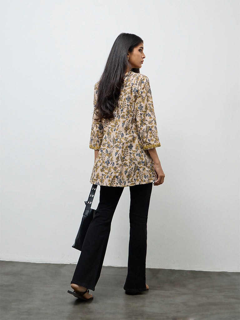 Utsa Beige Floral Printed Cotton Tunic