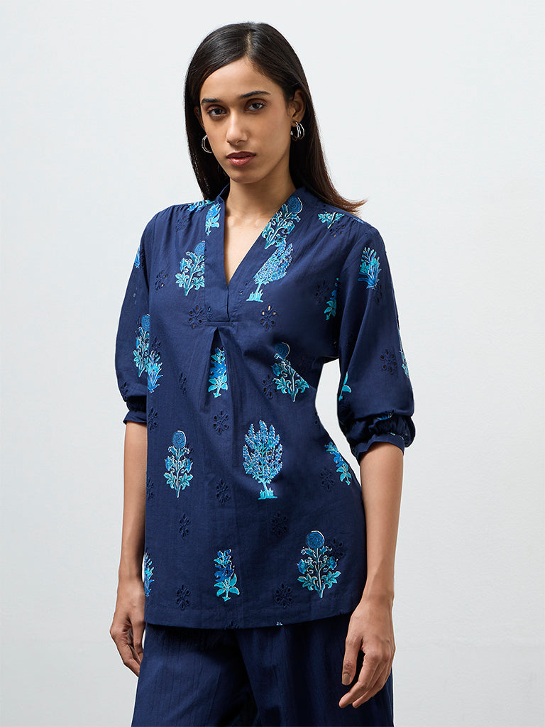 Utsa Navy Floral Printed Cotton Tunic
