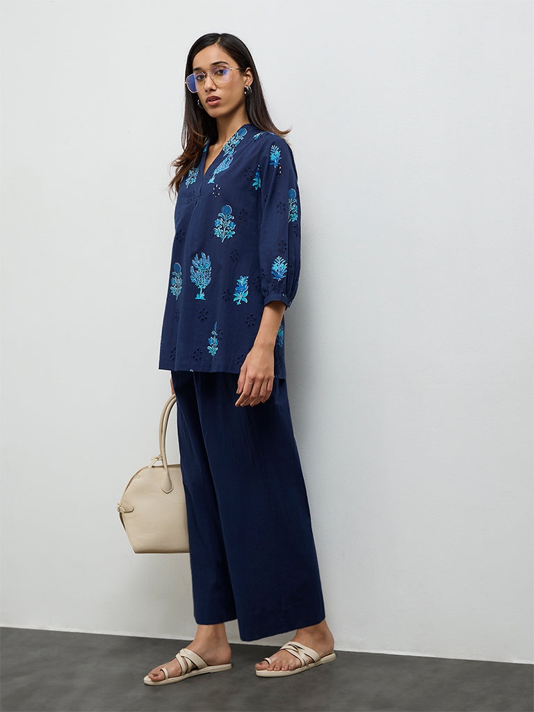 Utsa Navy Floral Printed Cotton Tunic