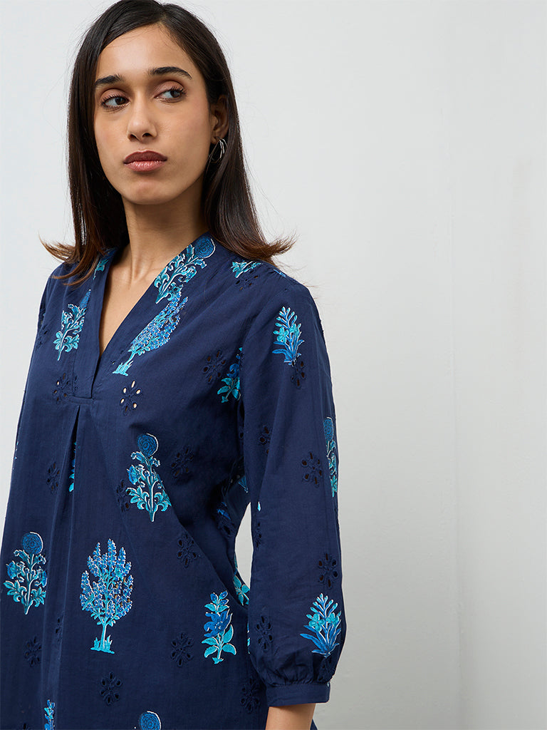 Utsa Navy Floral Printed Cotton Tunic