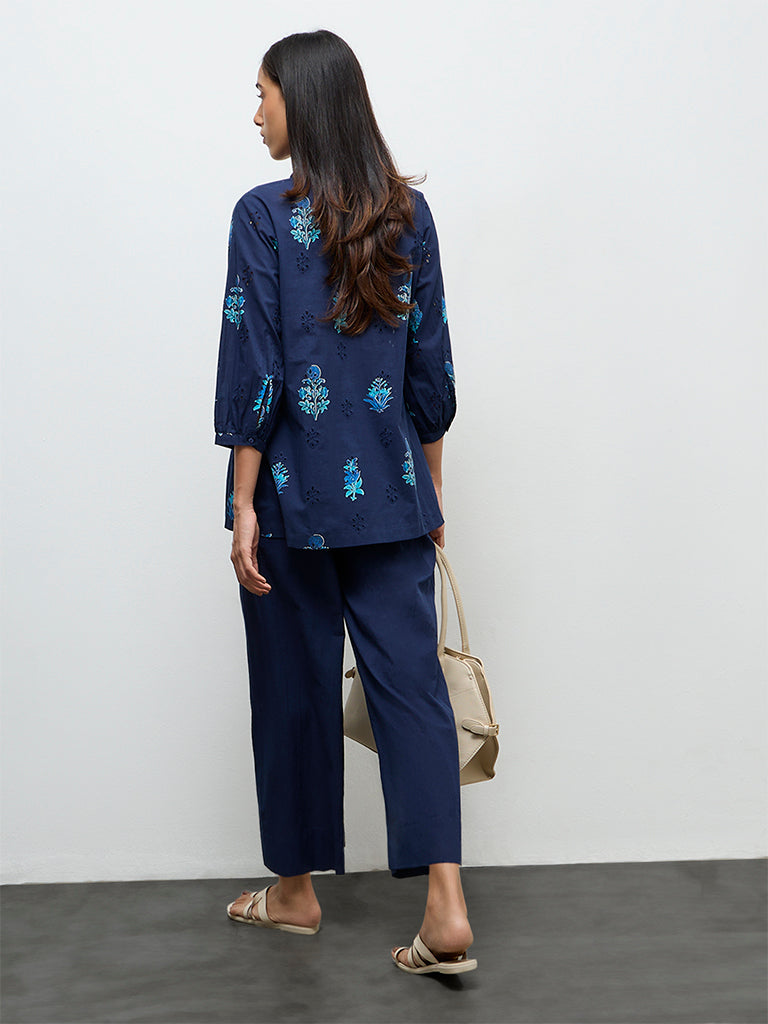 Utsa Navy Floral Printed Cotton Tunic
