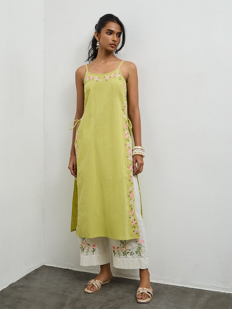 Utsa Lime Floral Embroidered Cotton-Blend A-Line Kurta