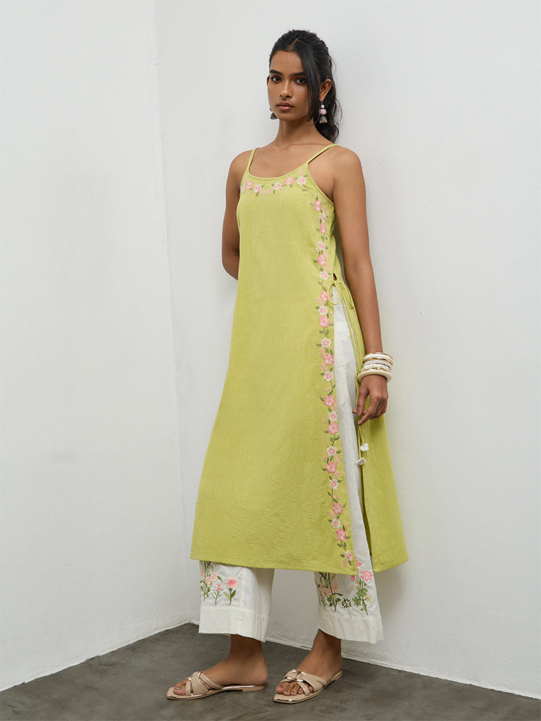 Utsa Lime Floral Embroidered Cotton-Blend A-Line Kurta