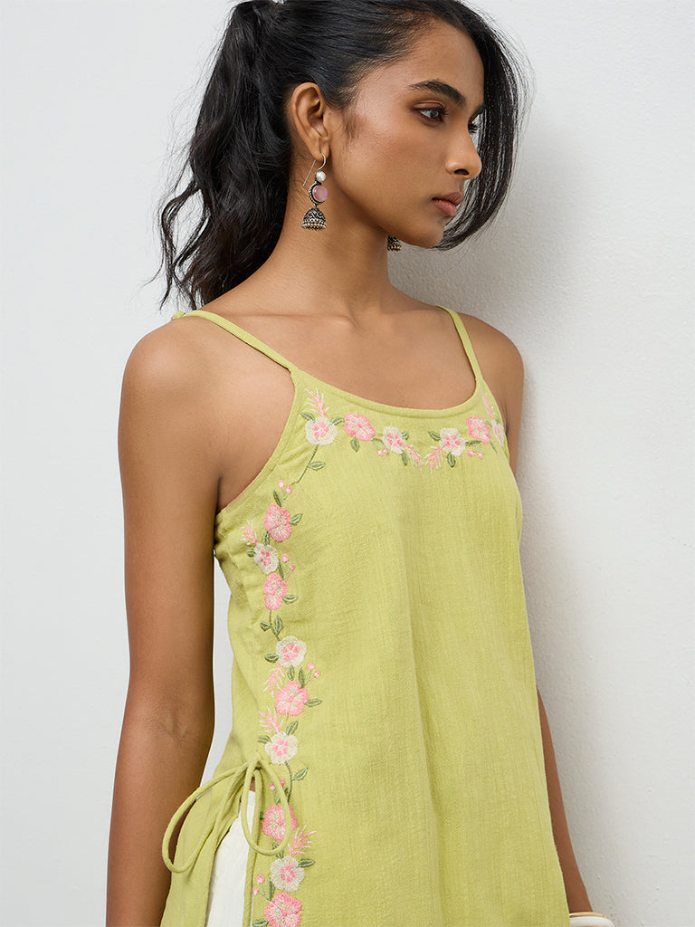 Utsa Lime Floral Embroidered Cotton-Blend A-Line Kurta