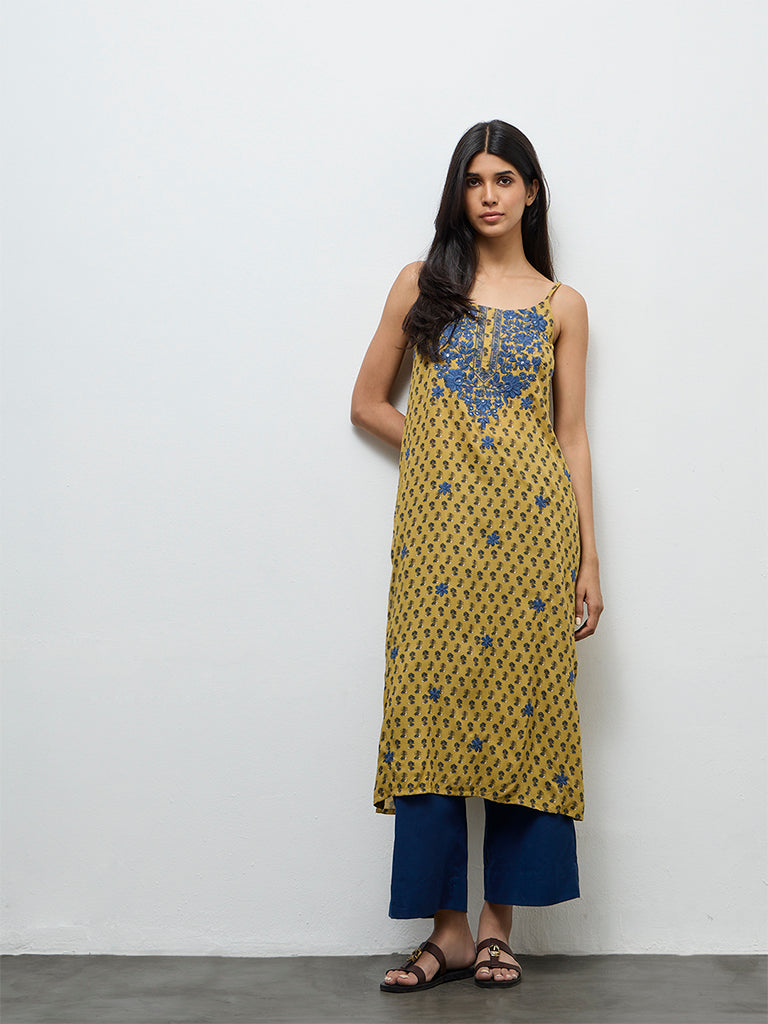 Utsa Mustard Floral Printed A-Line Kurta