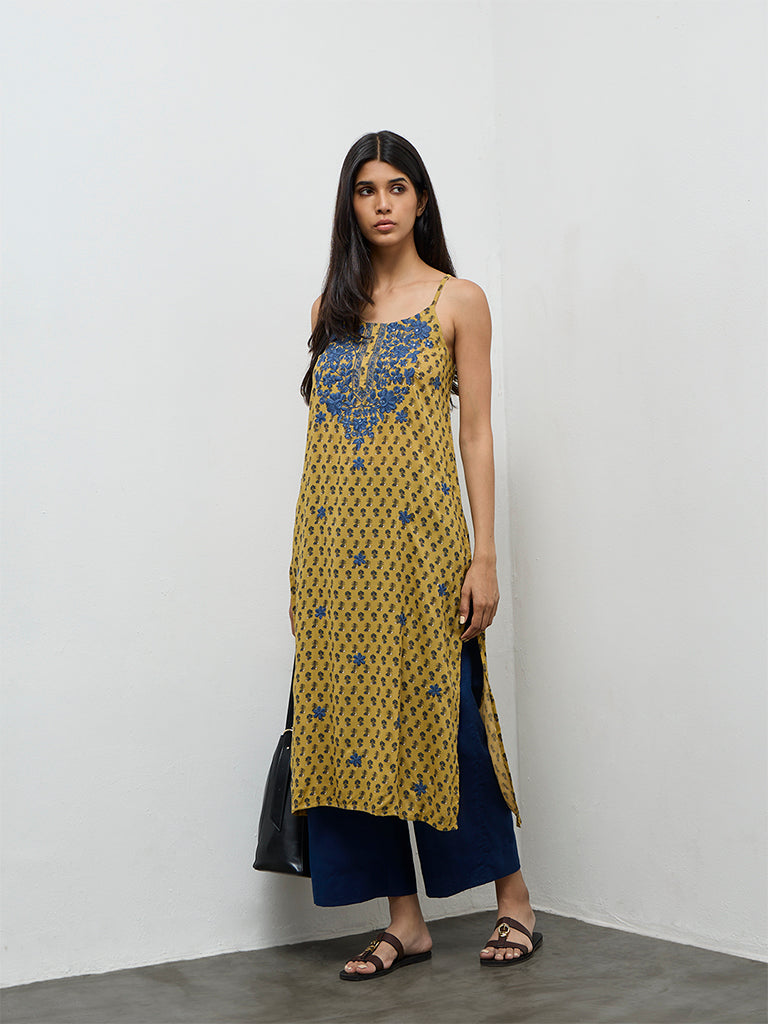 Utsa Mustard Floral Printed A-Line Kurta