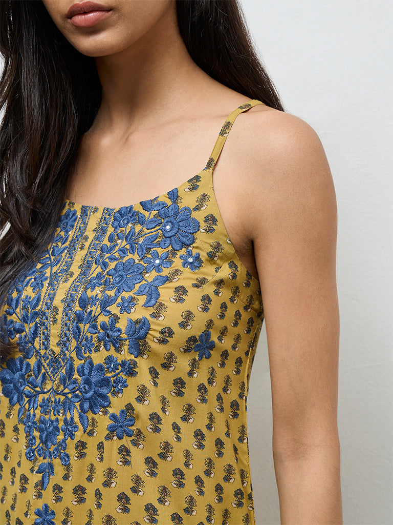 Utsa Mustard Floral Printed A-Line Kurta