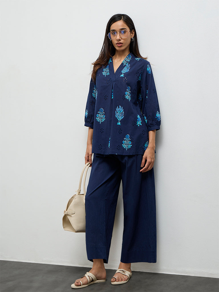 Utsa Navy Crinkle-Textured Cotton Pants