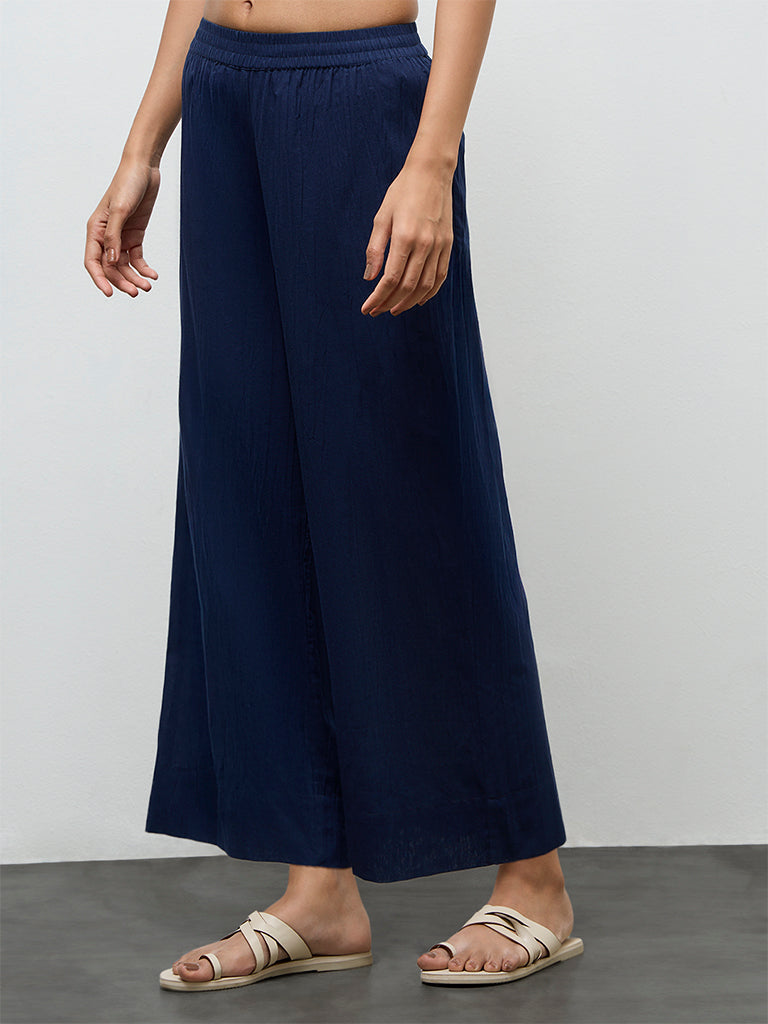 Utsa Navy Crinkle-Textured Cotton Pants
