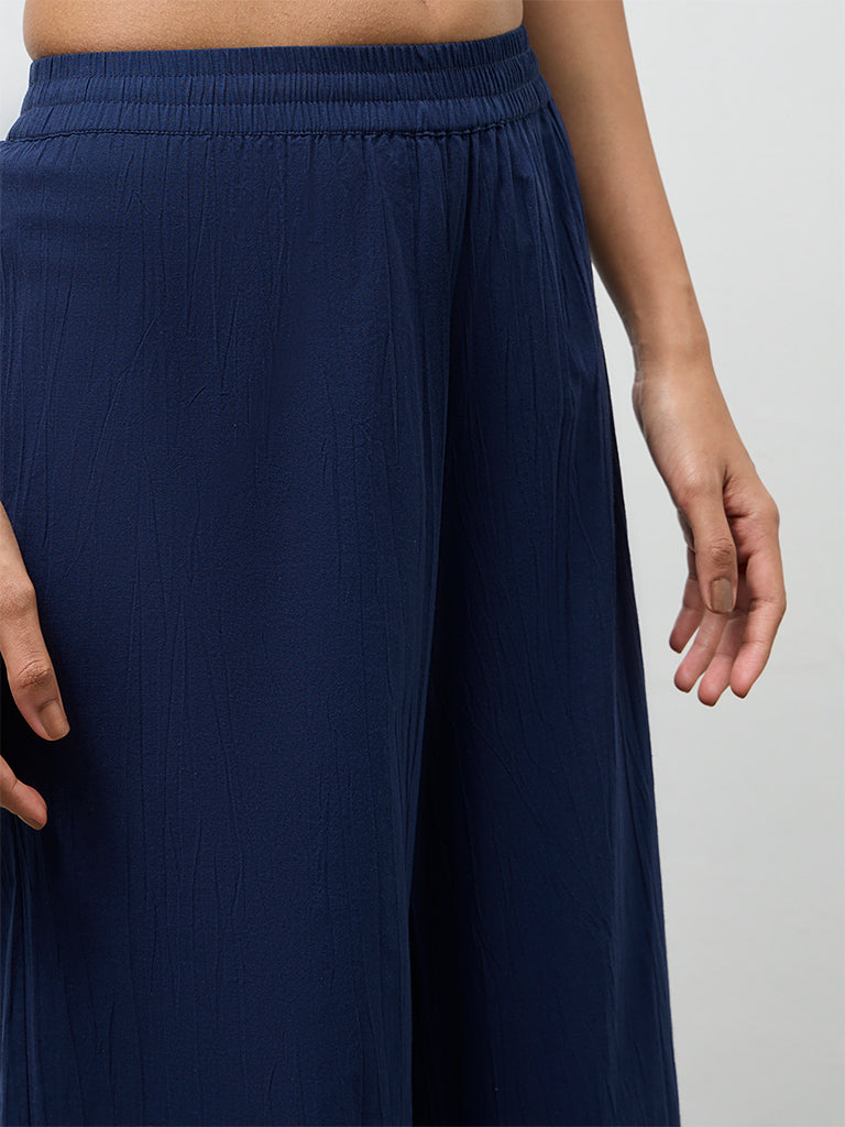 Utsa Navy Crinkle-Textured Cotton Pants