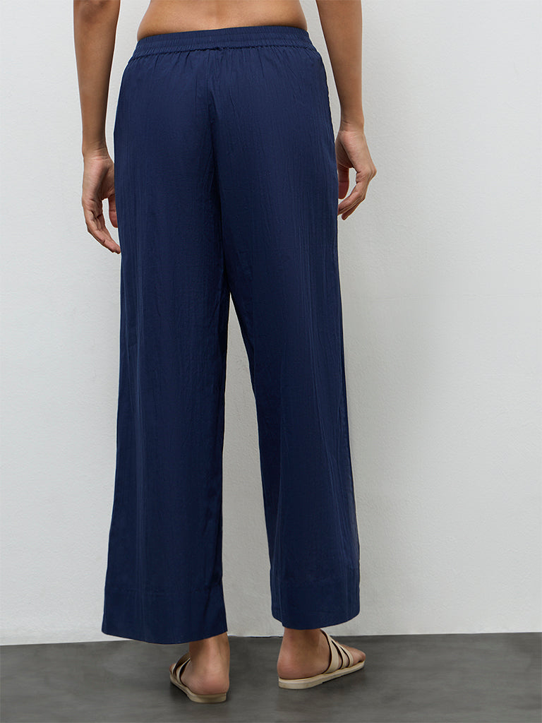 Utsa Navy Crinkle-Textured Cotton Pants
