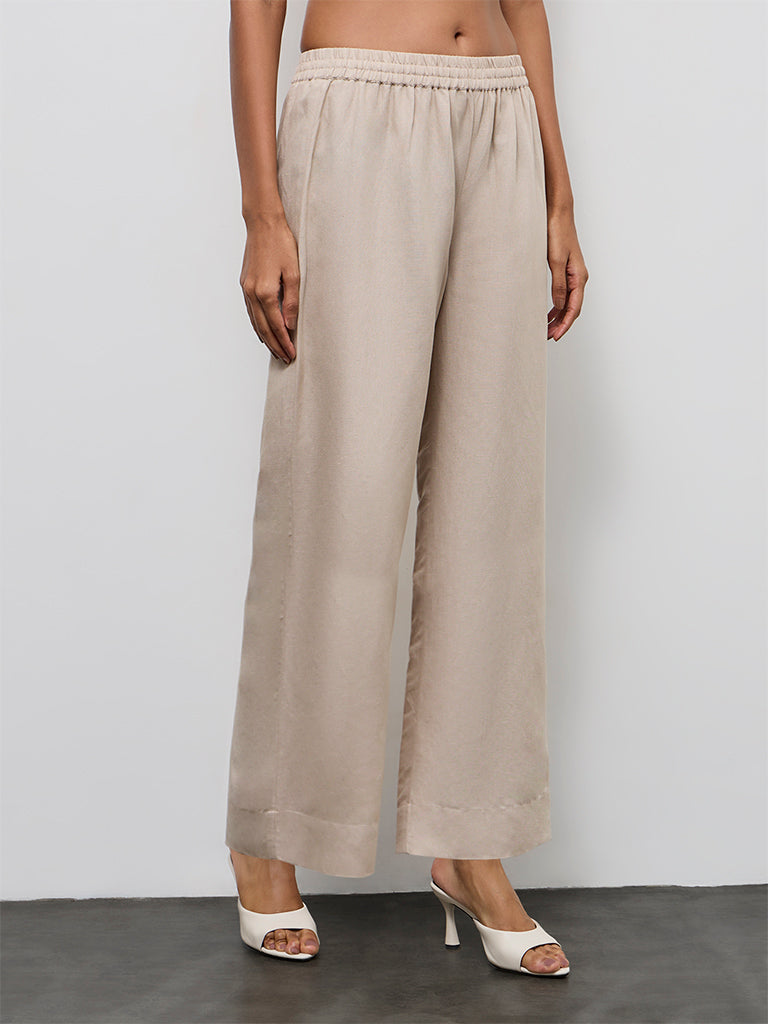 Zuba Light Taupe Solid Cotton Linen Pants