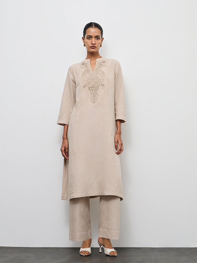 Zuba Light Taupe Solid Cotton Linen Pants