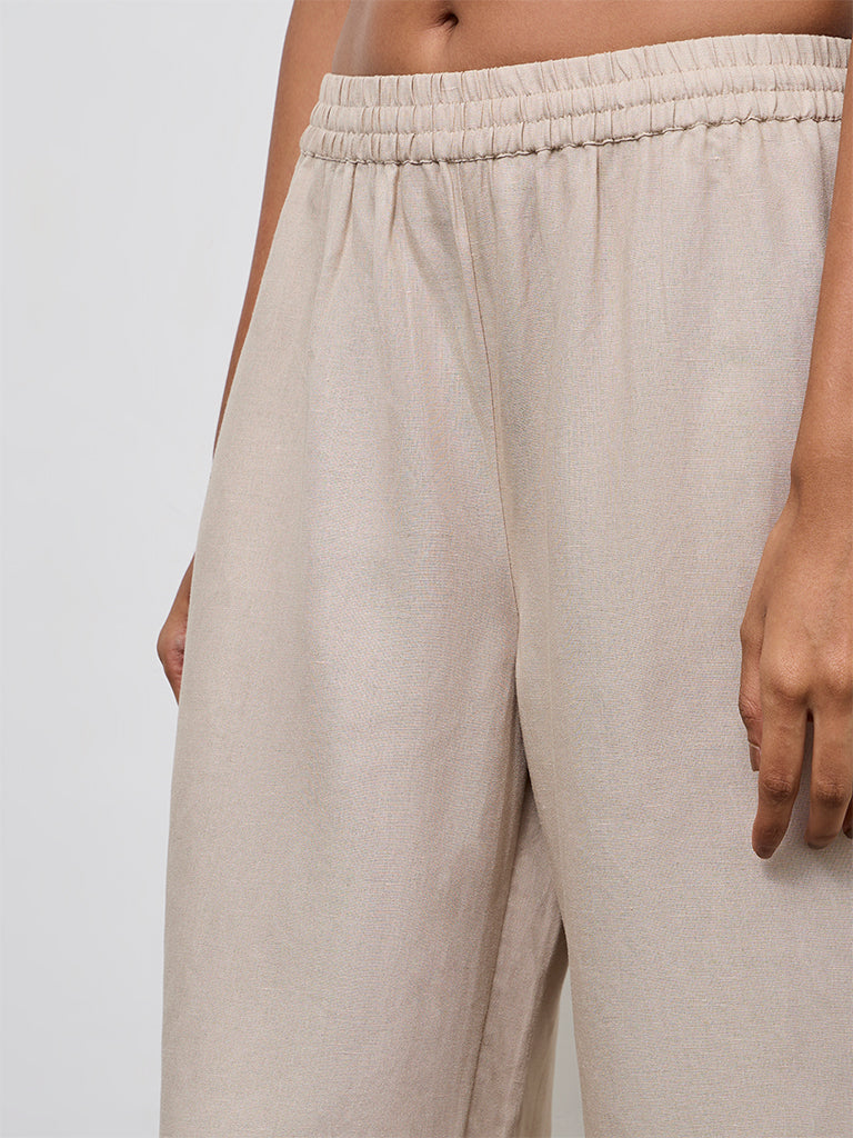 Zuba Light Taupe Solid Cotton Linen Pants