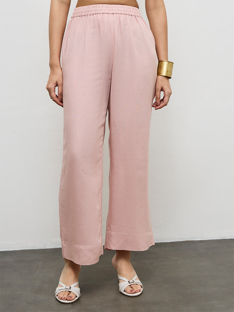 Zuba Pink Solid Cotton Linen Pants