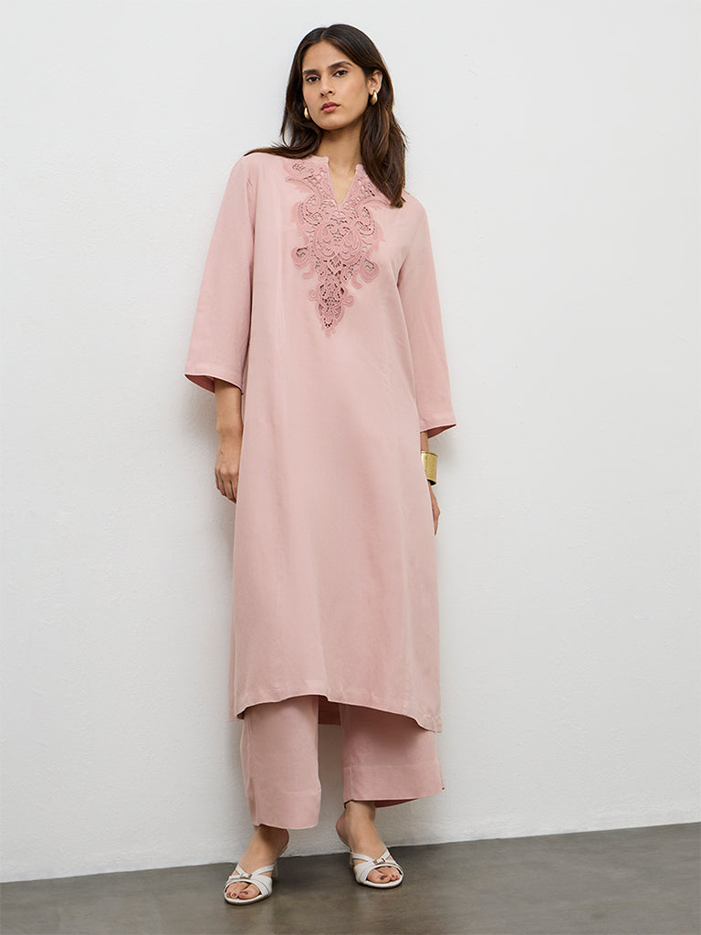 Zuba Pink Solid Cotton Linen Pants