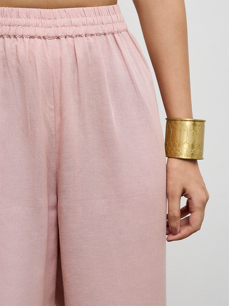 Zuba Pink Solid Cotton Linen Pants