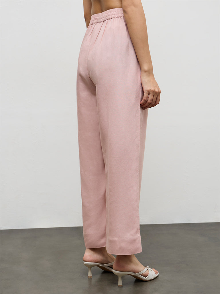 Zuba Pink Solid Cotton Linen Pants