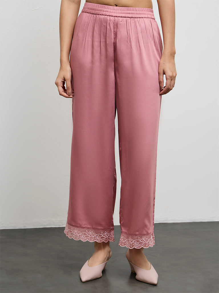 Zuba Dusty Pink Floral Embroidered Pants